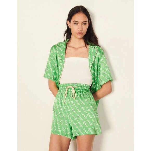NWOT SANDRO Voillier Green Anchor Print Satin Pajama Playsuit Set, Size 3/42 - Picture 1 of 16